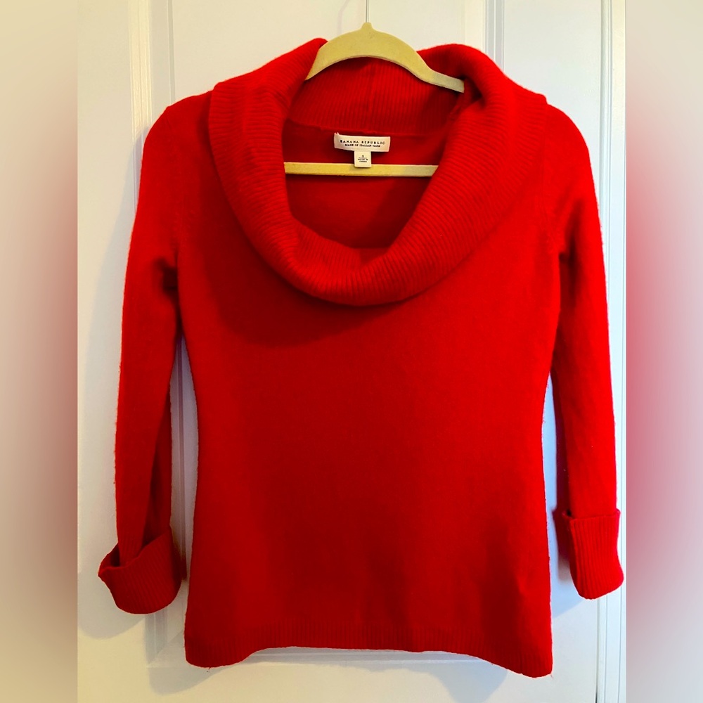 Red Banana Republic merino wool cashmere sweater, worn on or off shoulder.